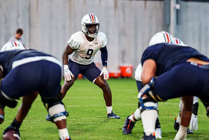 AUBURN, AL - March 01, 2023 - Auburn Linebacker Eugene Asante (#9) during spring practice at the Woltosz Football Performance Center in Auburn, AL.